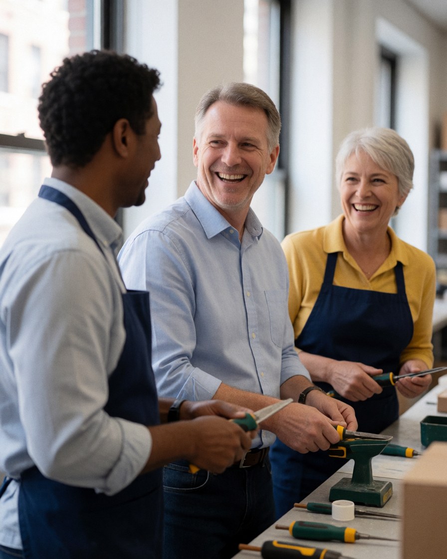 Trois travailleurs souriants dans un atelier d'outils, utilisant des outils dans un environnement professionnel et convivial.