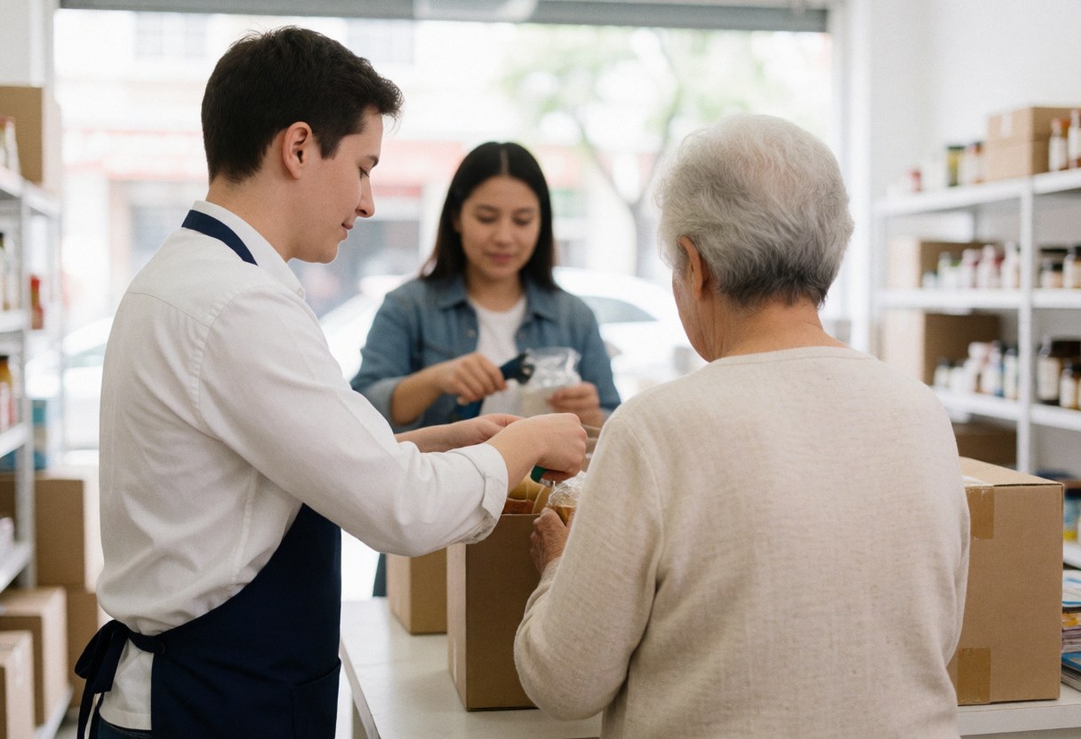 Un vendeur aide un client senior à emballer des articles dans une boîte en carton au comptoir d'un magasin bien éclairé.