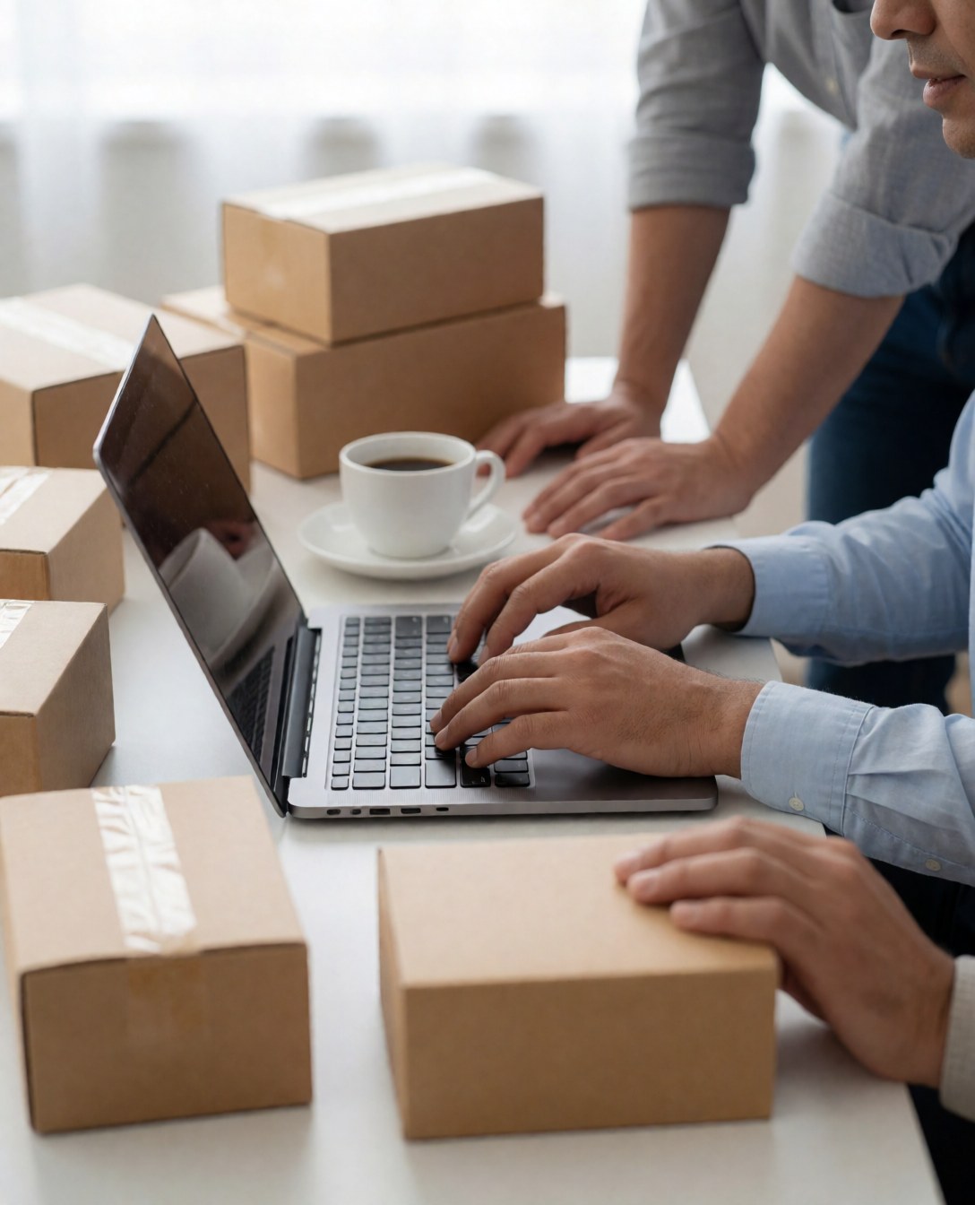 Un entrepreneur gère son commerce depuis un bureau à domicile, entouré de colis prêts à être expédiés et d'une tasse de café.