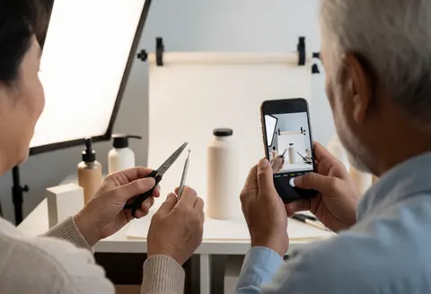Une personne prend une photo d'un produit avec son téléphone dans un studio domestique, avec une lumière douce et des outils de photographie.