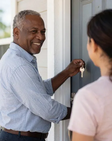 Un homme souriant remet une clé à une femme devant la porte d'une maison neuve, illustrant la satisfaction et la confiance dans l'achat immobilier.