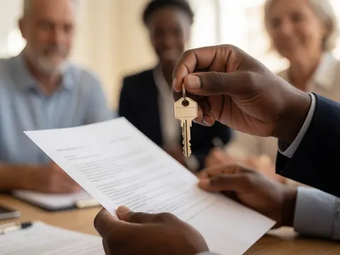 Des mains tendent une clé et un document dans un bureau, symbolisant la remise d'une propriété ou la signature d'un contrat immobilier.