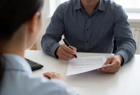 Un homme signe un document pendant qu'une femme l'observe lors d'un entretien en bureau.