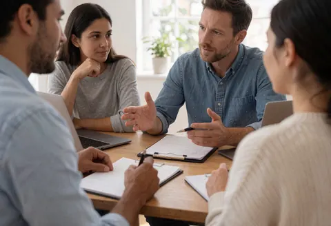 Quatre personnes participent à une réunion de coaching autour d'une table équipée d'ordinateurs portables et de carnets, l'un s'exprime tandis que les autres écoutent et prennent des notes.
