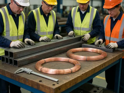 Vue rapprochée de matériaux de fabrication tels que l'acier et le cuivre disposés sur une table dans un environnement industriel.