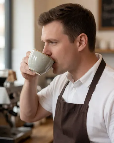 Un barista profite d'un moment de détente en buvant un café dans une tasse en céramique, dans une ambiance chaleureuse et accueillante.
