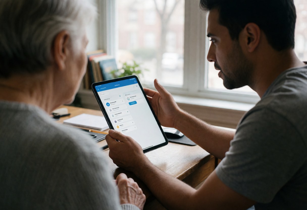 Un consultant explique une interface d'application sur une tablette à un client âgé dans un bureau à domicile baigné de lumière naturelle.