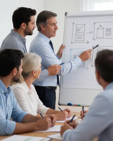 Collaborateurs en réunion de projet, concentrés sur la discussion d'un plan stratégique, dessinant ensemble sur un tableau blanc dans un environnement professionnel.