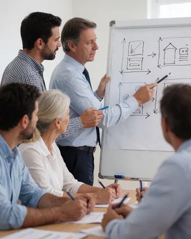 Collaborateurs en réunion de projet, concentrés sur la discussion d'un plan stratégique, dessinant ensemble sur un tableau blanc dans un environnement professionnel.