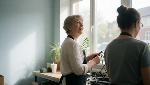 Vue de la réception lumineuse et organisée d'un atelier de réparation technologique avec des outils et du matériel visible.