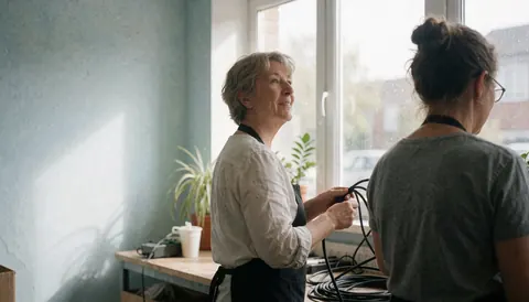 Vue de la réception lumineuse et organisée d'un atelier de réparation technologique avec des outils et du matériel visible.