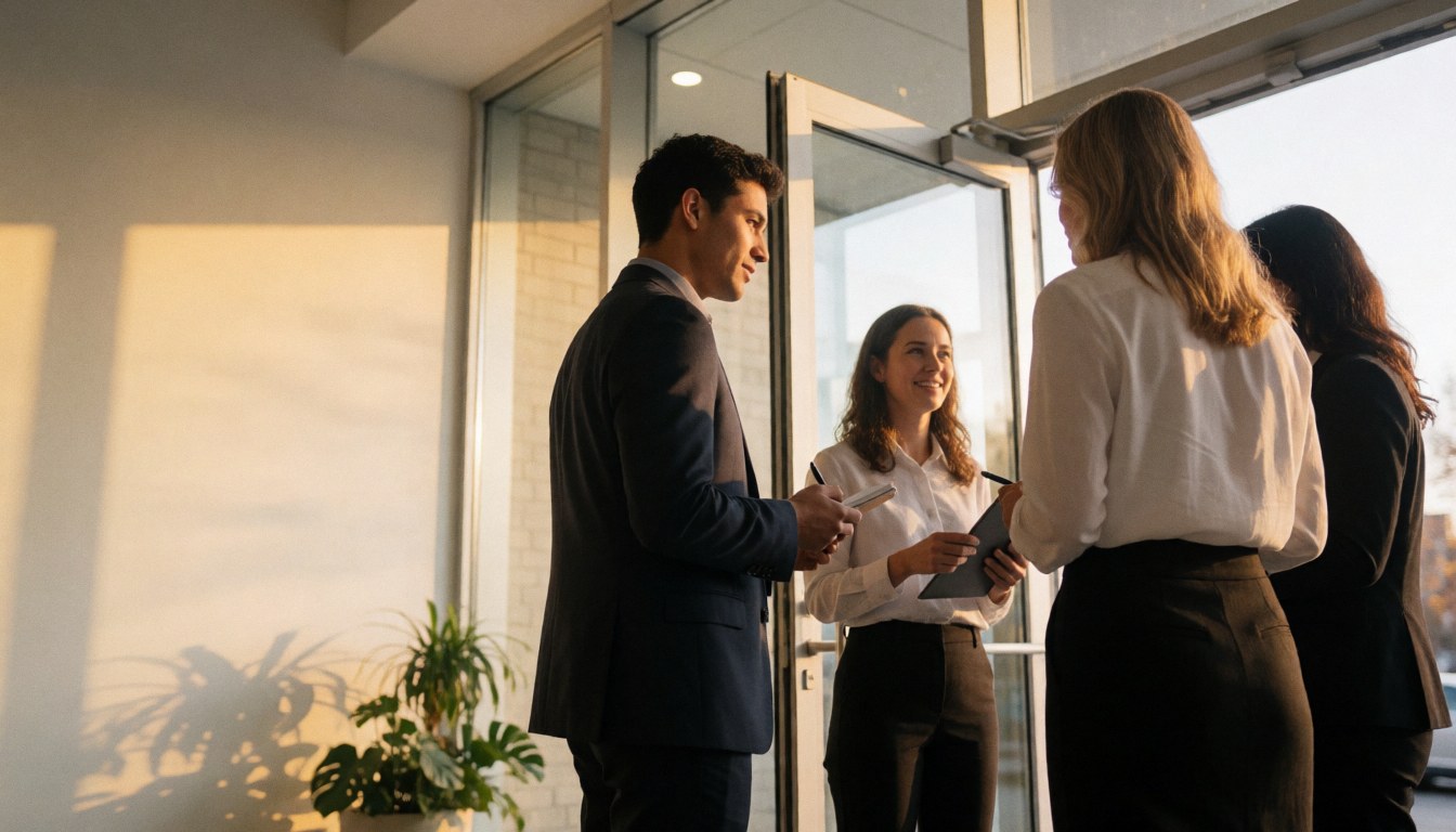 Des professionnels en tenue de travail échangent des documents et conversent à l'entrée d'un édifice contemporain, baigné d'une lumière chaude et entouré de végétation.