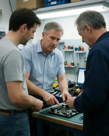 Trois techniciens inspectant une carte de circuit dans un laboratoire professionnel avec outils et ordinateur en arrière-plan.