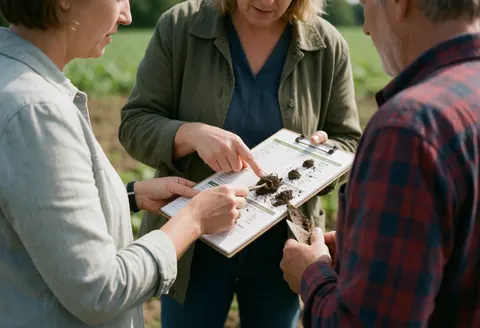 Un consultant agricole présente des échantillons de sol à un client sur un champ, tous deux examinant une feuille de données et des outils.