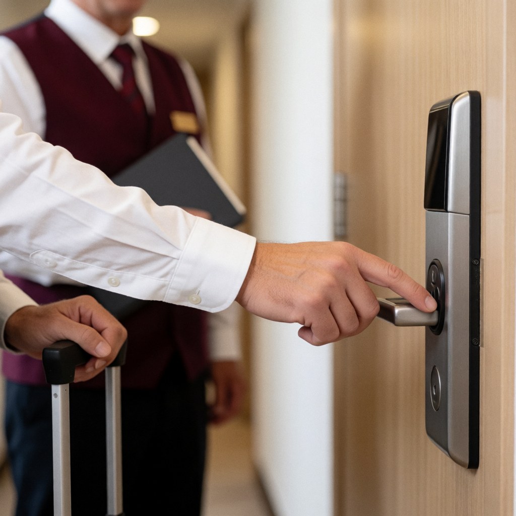 Une main tenant une carte magnétique devant une porte de chambre d'hôtel, illustrant l'accès et l'arrivée des clients.