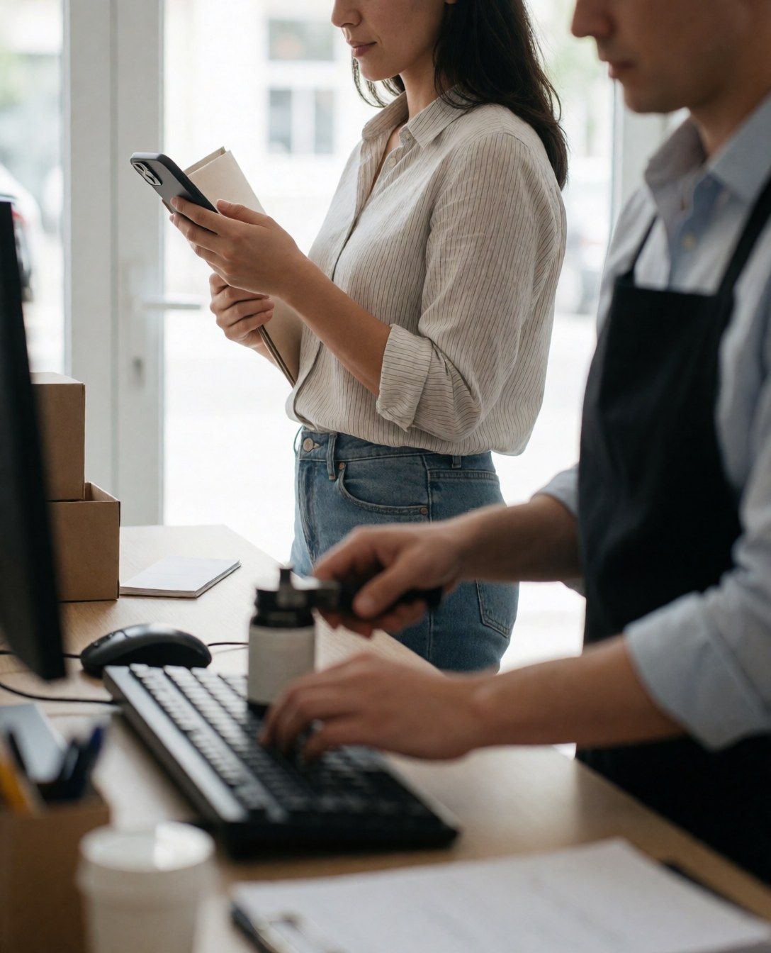 Une cliente souriante regarde son téléphone portable après une interaction positive au bureau.