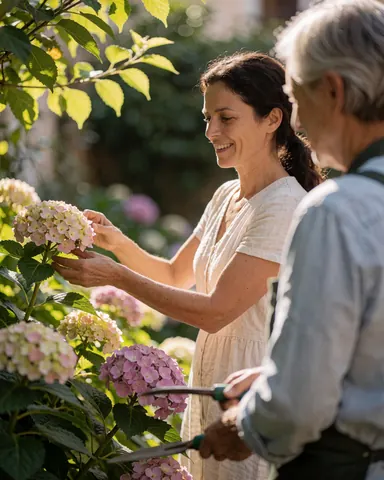Une jardinière professionnelle tient une plante de lierre dans un jardin fleuri, entourée d'outils et de fleurs sous un soleil éclatant, pendant qu'une cliente observe et sourit.