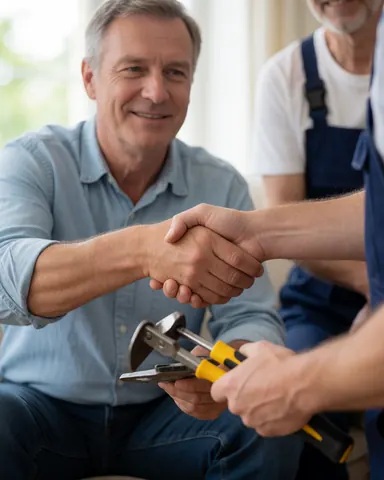 Une cliente satisfaite serre la main d'un plombier professionnel tenant des outils, illustrant un service de plomberie réussi à domicile.