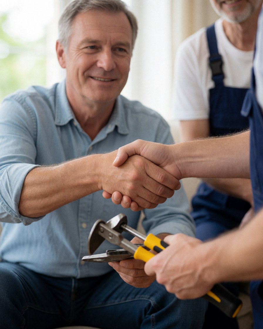 Une cliente satisfaite serre la main d'un plombier professionnel tenant des outils, illustrant un service de plomberie réussi à domicile.