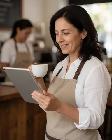 Une cliente souriante et satisfaite après avoir bénéficié d'un service de qualité.
