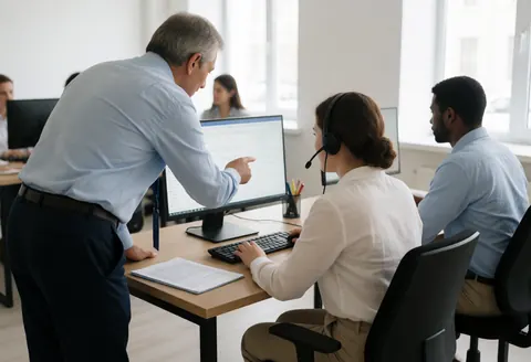 Un superviseur examine des informations sur un écran d'ordinateur en compagnie d'un agent dans un environnement de bureau moderne.