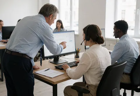 Un superviseur examine des informations sur un écran d'ordinateur en compagnie d'un agent dans un environnement de bureau moderne.