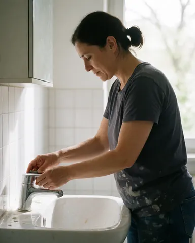 Une femme souriante ajuste un nouveau robinet dans une salle de bain aux carreaux blancs et à la lumière naturelle, montrant sa satisfaction.
