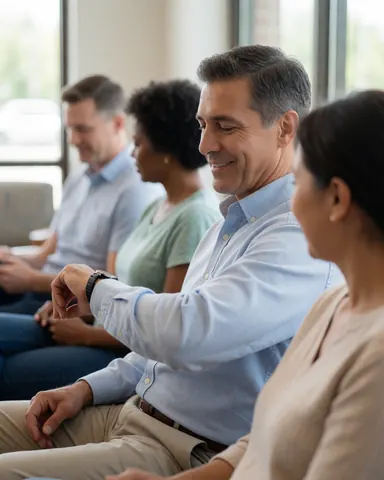Un client satisfait attend dans un bureau en regardant son montre avec un sourire, baigné de lumière naturelle provenant d'une fenêtre, créant une ambiance relaxée et professionnelle.