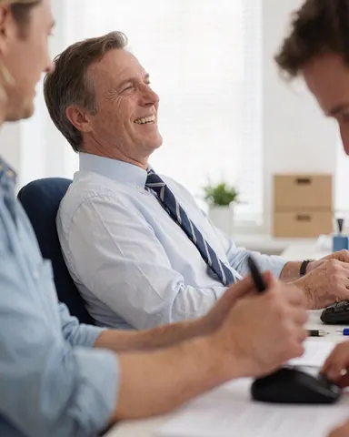 Un homme d'affaires habillé avec une chemise et une cravate regarde son écran avec satisfaction dans un bureau moderne bien éclairé.