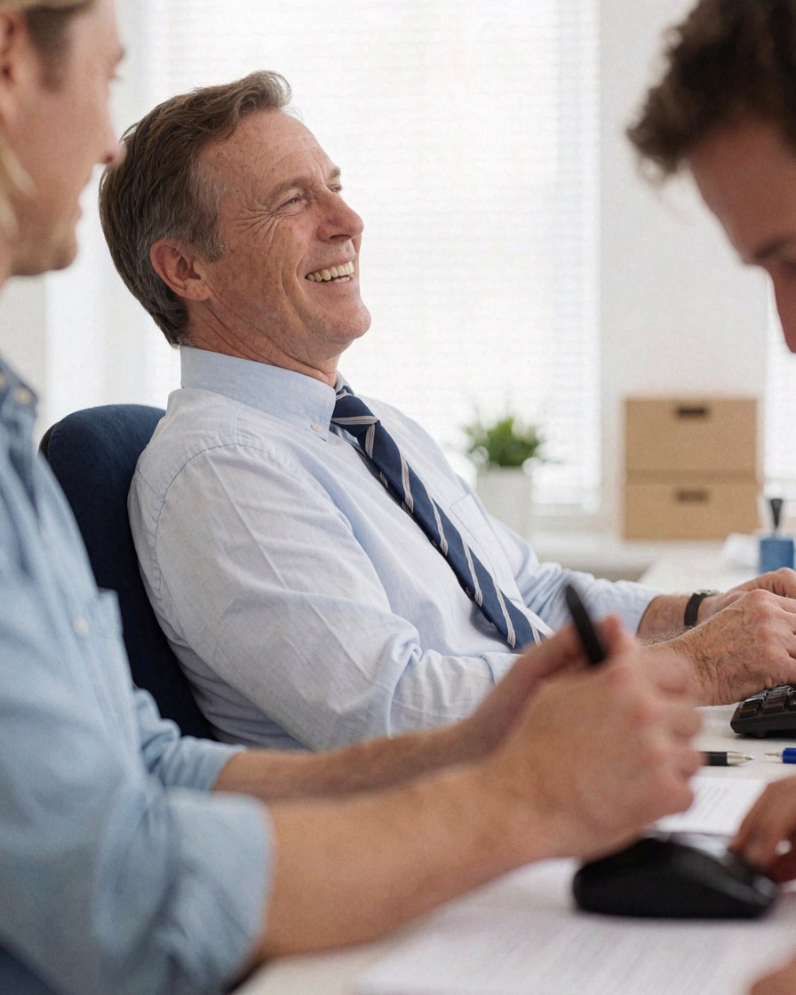 Un homme d'affaires habillé avec une chemise et une cravate regarde son écran avec satisfaction dans un bureau moderne bien éclairé.