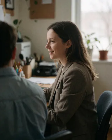 Une femme professionnelle assise devant un ordinateur lors d'une réunion, souriant pendant une conversation avec une autre personne.