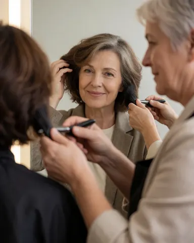 Une femme senior sourit en regardant son reflet dans un miroir pendant qu'une coiffeuse ajuste sa coiffure avec un peigne dans un salon professionnel.