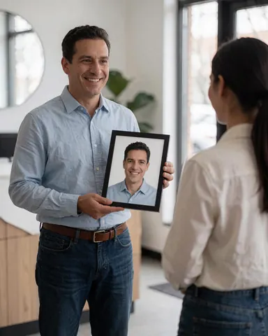 Un homme d'affaires heureux tient fièrement un cadre contenant son portrait photographique réalisé en studio.
