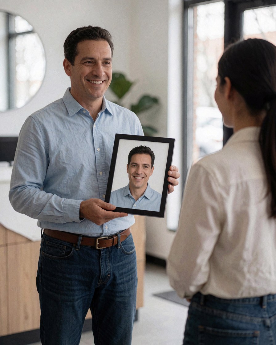 Un homme d'affaires heureux tient fièrement un cadre contenant son portrait photographique réalisé en studio.