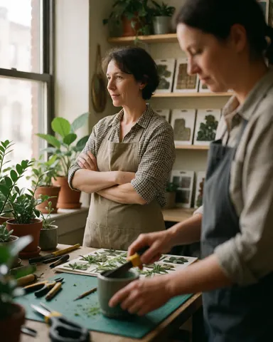 Une paysagiste professionnelle est assise à son bureau en train de travailler sur des projets de jardinage avec des outils et des plantes.