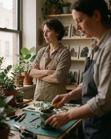 Une paysagiste professionnelle est assise à son bureau en train de travailler sur des projets de jardinage avec des outils et des plantes.