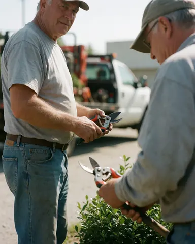 Un jardinier expérimenté tient des outils de jardinage en extérieur.