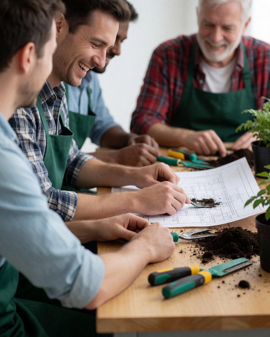 Trois jardiniers souriants consultent un plan sur une table en bois entourée d'outils et de terre, dans une ambiance collaborative.