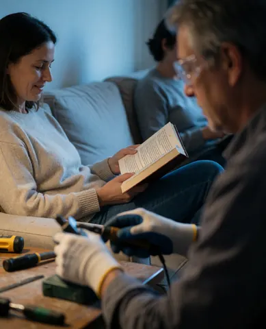 Une femme se repose confortablement dans un intérieur calme et frais, profitant d'un moment de détente.