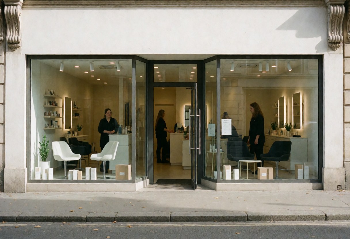 Vue extérieure de la devanture d'un salon de toilettage canin avec vitrine et entrée.