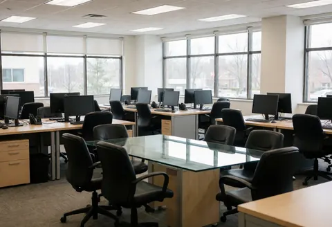 Bureau moderne et vide équipé de tables, chaises et ordinateurs. Une grande table de conférence en verre est visible. De grandes fenêtres laissent entrer la lumière naturelle.