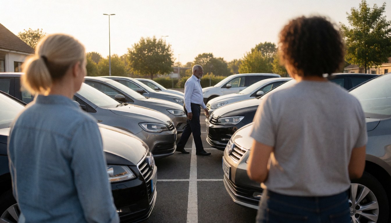 Un moniteur de conduite marche entre des voitures d'entraînement dans un parking au coucher du soleil, avec deux personnes observant depuis l'avant.