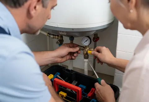 Un plombier professionnel examine des vannes de chaudière avec des outils dans une pièce aux murs blancs, éclairée et propre.