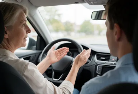 Une instructrice de conduite explique les règles de la route à un élève pendant qu'elle conduit, montrant le volant et les rétroviseurs dans une scène naturelle en journée.