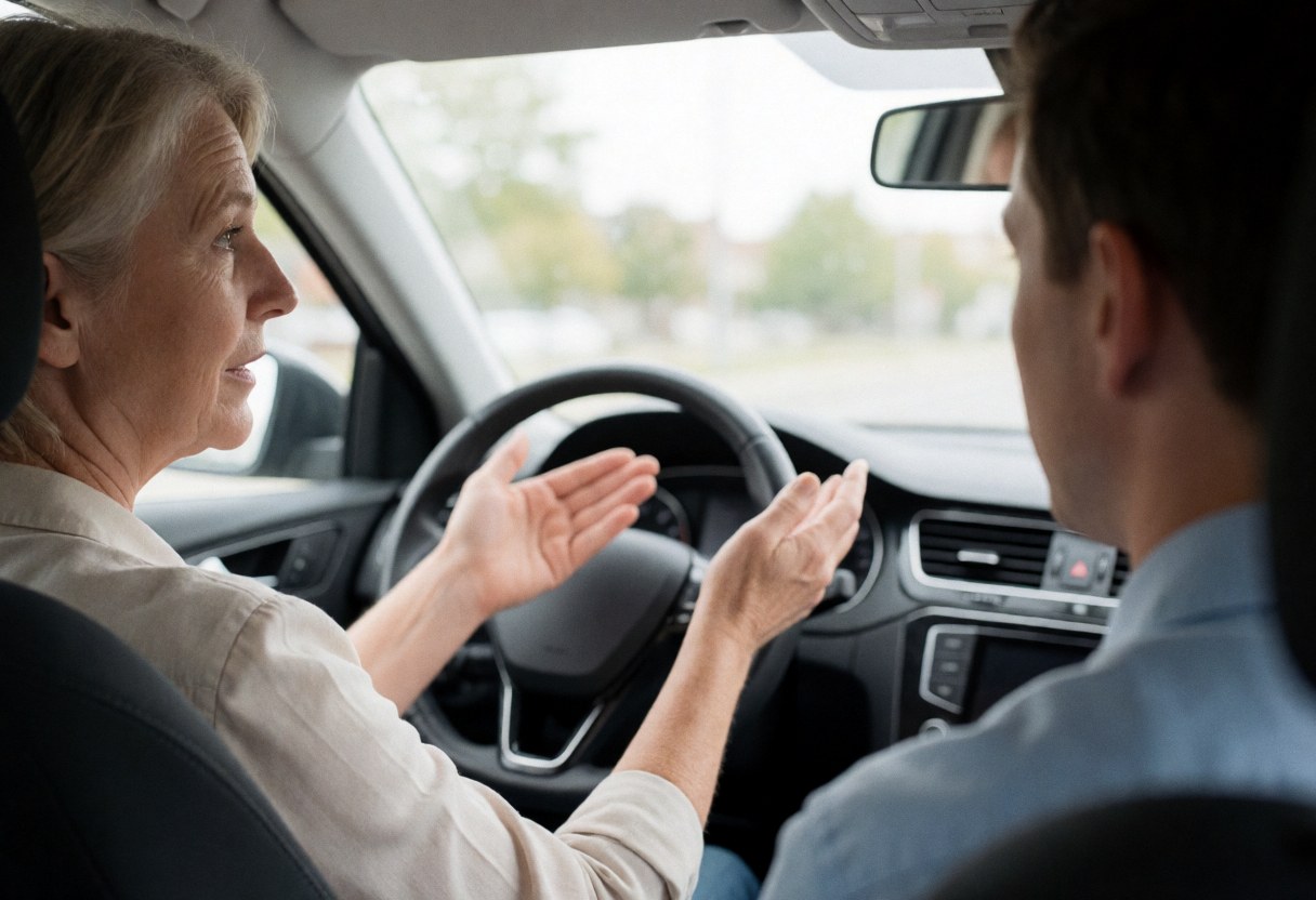 Une instructrice de conduite explique les règles de la route à un élève pendant qu'elle conduit, montrant le volant et les rétroviseurs dans une scène naturelle en journée.