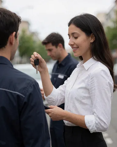 Un professionnel remet les clés d'un véhicule à un client satisfait dans une rue urbaine, tandis que deux hommes observent la scène en arrière-plan.