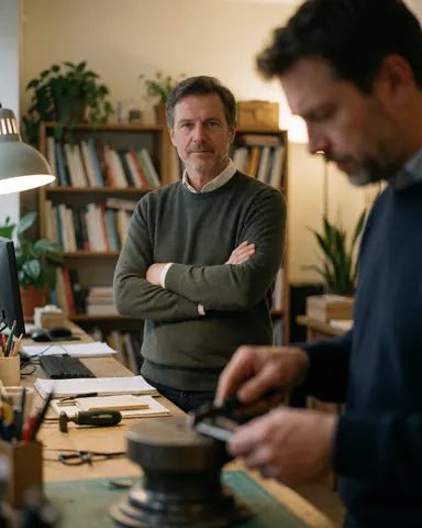 Superviseur de bureau les bras croisés regardant la caméra, tandis qu'un collègue travaille avec des outils sur une table.