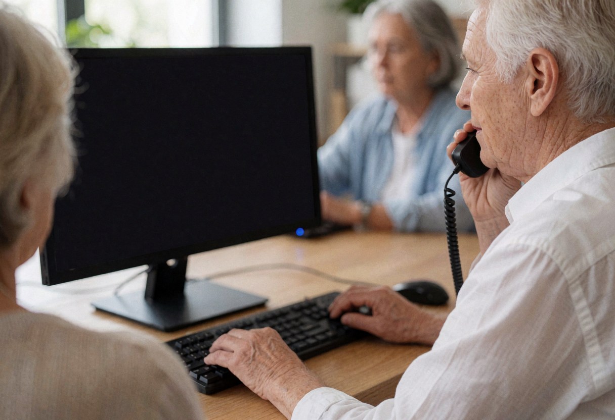 Une réceptionniste adulte parle au téléphone tout en tapant sur un clavier, face à un client assis devant un ordinateur dans un bureau lumineux.