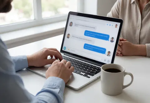 Vue rapprochée des mains d'un agent professionnel tapant sur le clavier d'un ordinateur portable pour assurer un service client par chat.
