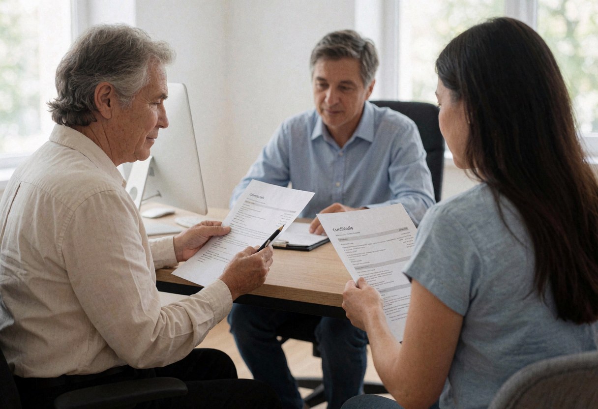 Un recruteur examine un CV avec un candidat dans un bureau moderne, trois personnes assises à une table avec des documents et un ordinateur, lumière naturelle par la fenêtre.